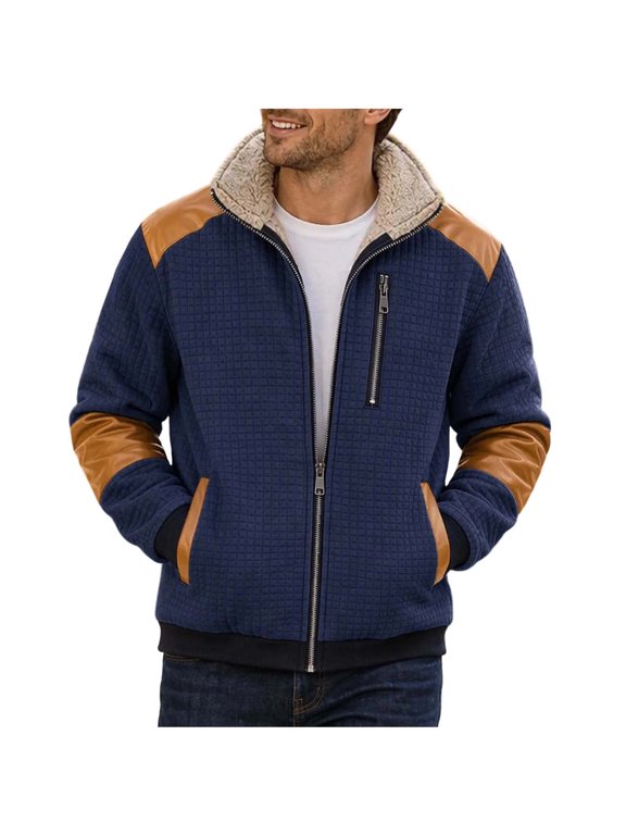 Fleece Lined Jacket Men Stand Collar Full Zip Fleece Lined Warm Comfortable Outerwear Casual Loose Fit for Cold Weather Driving and City Travel