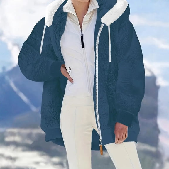 Fleece Lined Jacket Women with Hood Winter Coats Casual Outerwear Full Zip Hoodie Sherpa Cozy Warm Hooded Sweatshirt Navy M
