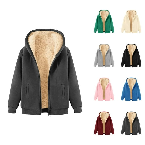 Lined Jacket for Women 2025 Fall Winter Long Sleeve Plain Basic Hoodie Hooded Jackets with Pockets Outerwear
