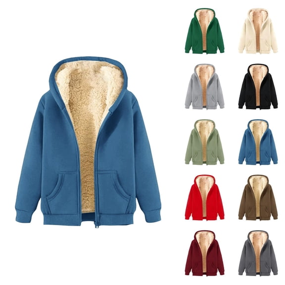 Fleece Lined Jacket for Women 2025 Fall Winter Long Sleeve Thick Plain Basic Zip Up Hoodie with Pockets Outerwear