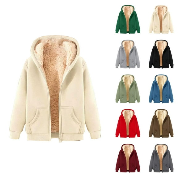 Fleece Lined Jacket for Women 2025 Fall Winter Long Sleeve Thick Plain Basic Zip Up Hoodie with Pockets Outerwear