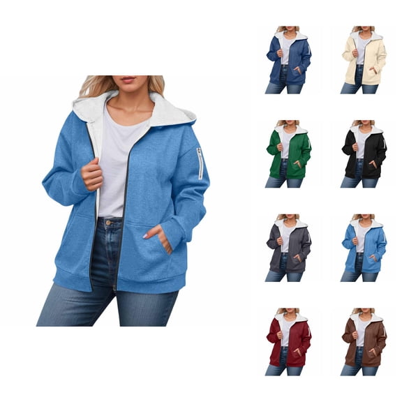 Fleece Lined Jacket for Women 2025 Winter Oversized Long Sleeve Plain Zip Up Hooded Coat with Pockets Outerwear
