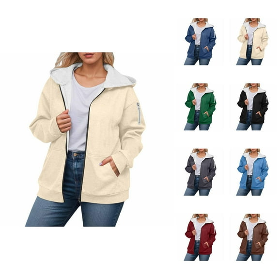 Fleece Lined Jacket for Women 2025 Winter Oversized Long Sleeve Plain Zip Up Hooded Coat with Pockets Outerwear