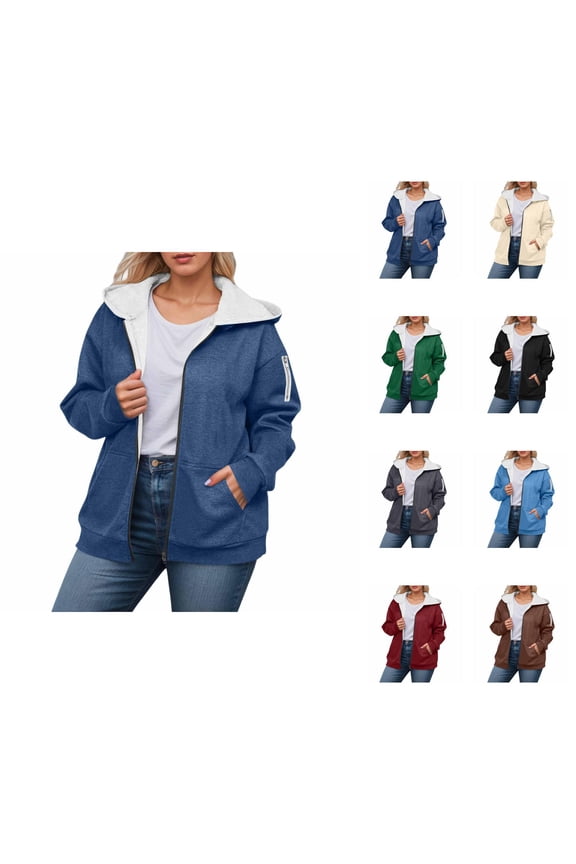 Fleece Lined Jacket for Women 2025 Winter Oversized Long Sleeve Plain Zip Up Hooded Coat with Pockets Outerwear