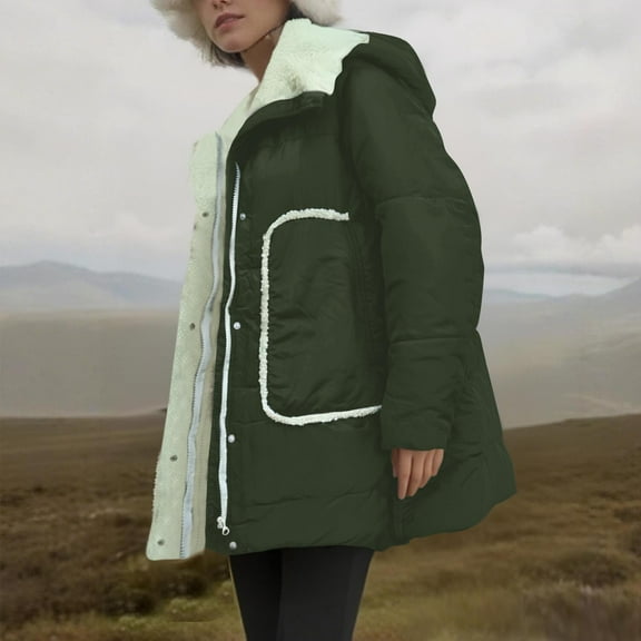 Fleece Lined Jackets Women Hooded Loose Zip Button Sherpa Coats with Pockets Casual Soft Long Sleeve Striped Quilted Outerwear Winter Warm Coats with Belt