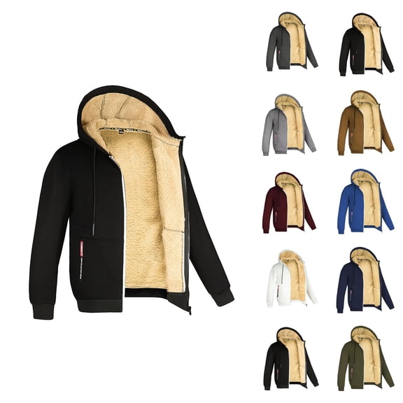Fleece Lined Jackets for Men 2025 Fall Winter Long Sleeve Zip Up Hooded Jacket with Pockets Outerwear Coat Hoodie