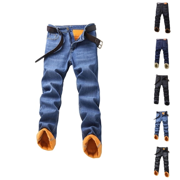 Lined Jeans Men 2026 Fall Winter Thick Straight Leg Business Casual Denim Pants Jean Pants with Pockets Trousers