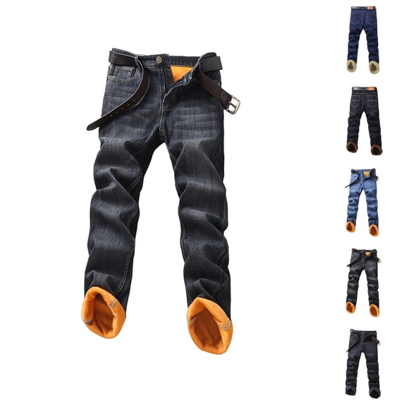 Mens Lined Jeans 2026 Fall Winter Warm Straight Leg Business Casual Denim Pants Jean Pants Trousers with Pockets