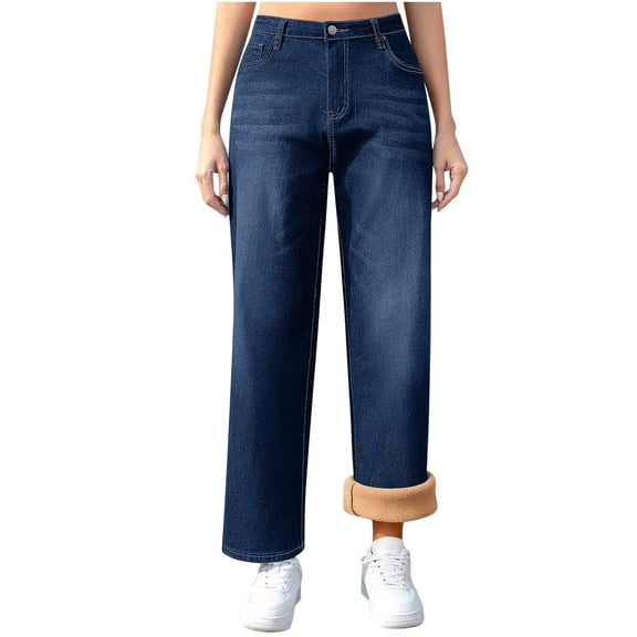 Fleece Lined Jeans Women High Waisted Straight Leg Denim Pants Baggy Stretchy Jeans Thermal Warm Denim Pants