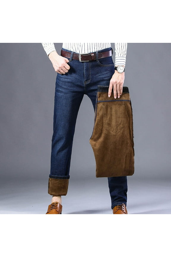 Lined Jeans for Men Straight Leg Stretch Winter Thicken Warm Denim Pants with Pockets Casual Blue 34