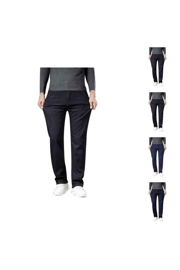 Lined Jeans for Men Winter Warm Slim Fit Straight Leg Stretchy Casual Long Denim Pants with Pockets Trousers