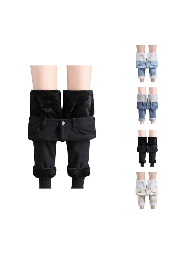 Lined Jeans for Women Fall Winter Thick Warm Thermal Straight Leg High Waisted Slim Fit Denim Pants with Pockets