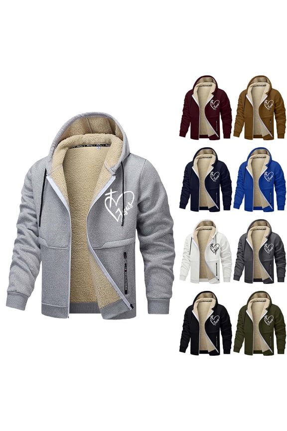 Fleece Lined Jesus Hoodies for Men Christian Zip Up Cross Thick Heavyweight Jackets Winter Warm Blue M