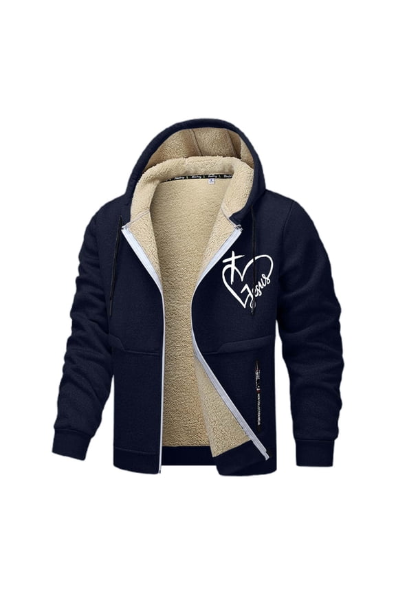 Fleece Lined Jesus Hoodies for Men Christian Zip Up Cross Thick Heavyweight Jackets Winter Warm Khaki S