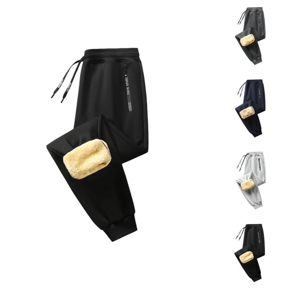 Lined Jogger Sweatpants for Men Winter Elastic Waist Drawstring Relaxed Fit Wide Leg Thermal Pants with Pockets