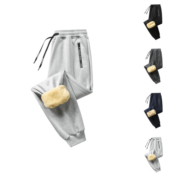 Lined Jogger Sweatpants for Men Winter Elastic Waist Drawstring Relaxed Fit Wide Leg Thermal Pants with Pockets