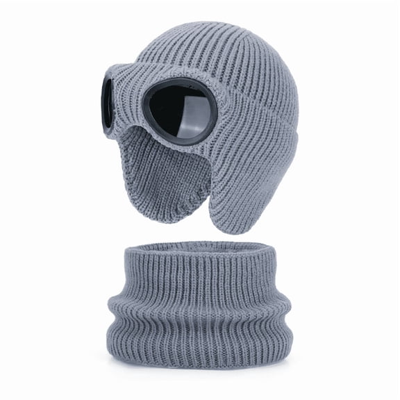 Fleece Lined Kids Knitted Beanie & Scarf Set, Earflap Goggle Ski Cap Neck Warmer for 4-10 Years