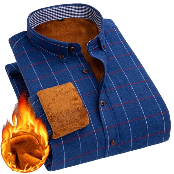 Fleece Lined Lapel Shirts for Men Winter Warm Loose Button Down Stylish Long Sleeve Cotton Plaid Shirt Jackets