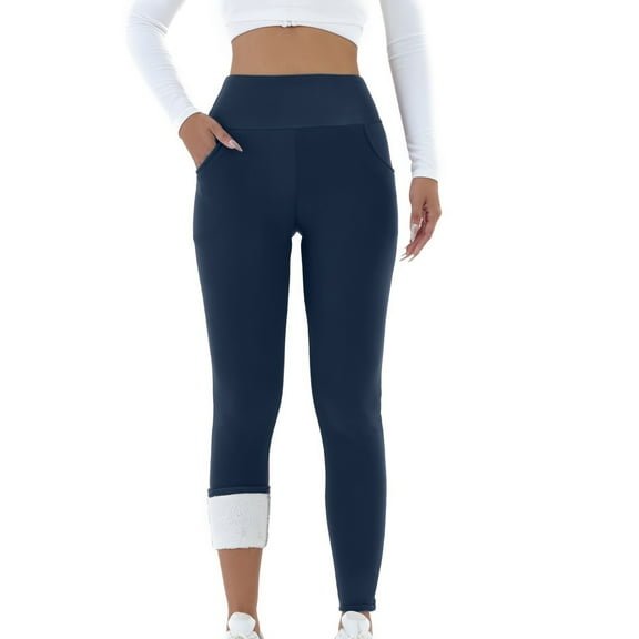 Fleece Lined Leggings Women Slim Fit Butt Lifting Thick Yoga Pants Winter Thermal High Waisted Soft Leggings Stretch Tummy Control Workout Activewear Running Tights Pants Navy XL