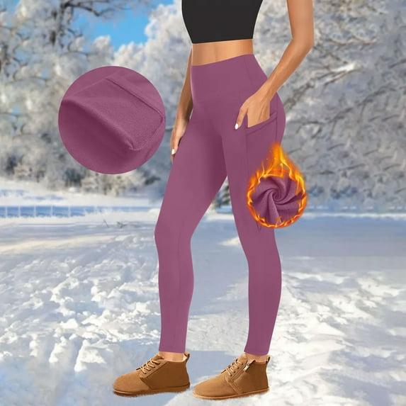 Fleece Lined Leggings Women Tummy Control High Waisted Thermal Yoga Pants with Pockets Winter Workout Running Warm Brown Tights