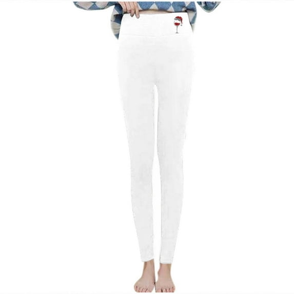 Fleece Lined Leggings Women Winter Thermal Long Pants Christmas Casual Yoga Workout High Waist Pull On Trousers (XL, White|Wine Glass)