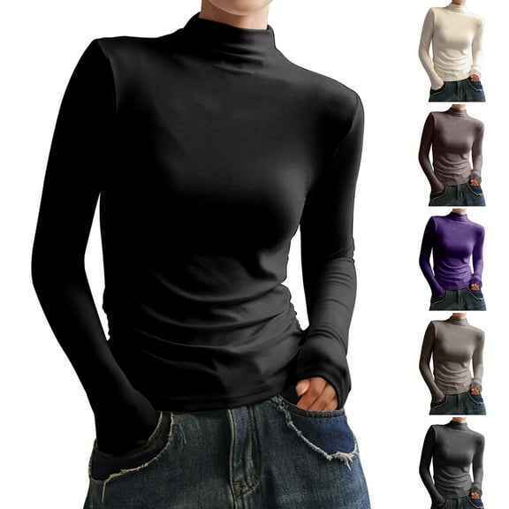 Fleece Lined Leggings Women Womens Long Sleeve Tops Women's Half-high Collar Bottom Shirt For Women Shoulder Long Sleeve T-shirt Top Bottom Long Sleeve Top,Black,M