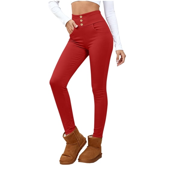 Fleece Lined Leggings for Women, Casual Button Pull on Trouser, Thermal High Waist Workout Yoga Pants