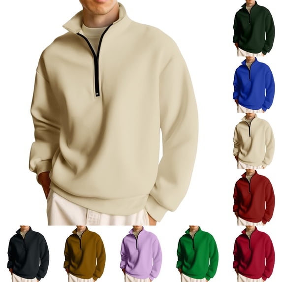Fleece Lined Men Sweatshirt Quarter Zip Pullover Gym 3/4 Zip Pullover Long Sleeve Heavyweight Polo Sweaters Red S