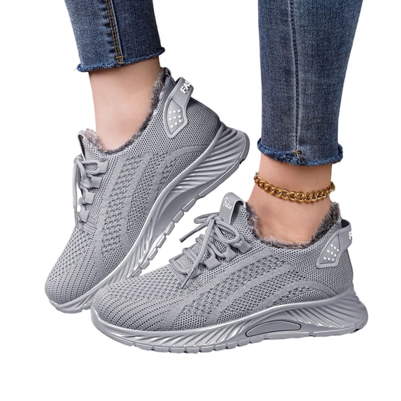 Fleece Lined Men's Running Shoes, Breathable Mesh Women's Sneakers, Snow Boots for Women Waterproof Slip On Faux Fur Lined Walking Shoes Comfortable Winter Lace Up Ankle Booties, Gray 5.5