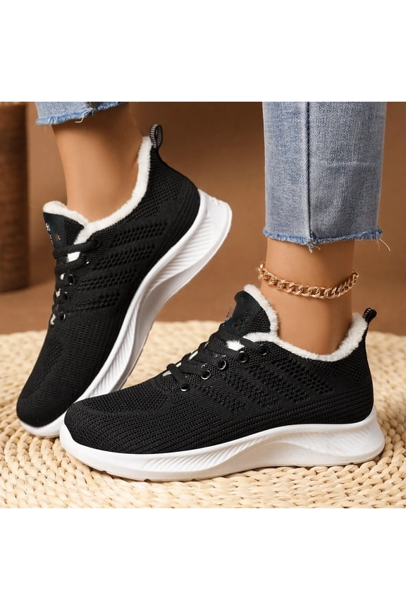 Fleece Lined Mesh Casual Sneakers Winter Outdoor Strolling, Lace Up Thermally Insulated Running Shoes Sports Walking, Comfortable Flat Slip On Footwear Holiday Travel Wearing, Black 5.5