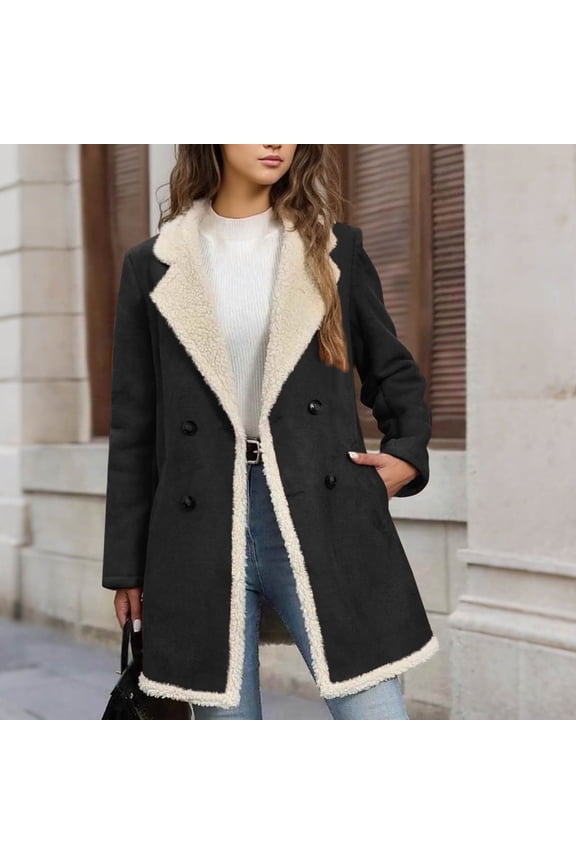 Fleece Lined Overcoat Women Faux Suede Long Jacket Notch Lapel Double Breasted Thicken Fleece Winter Warm Outwear Coats Black M