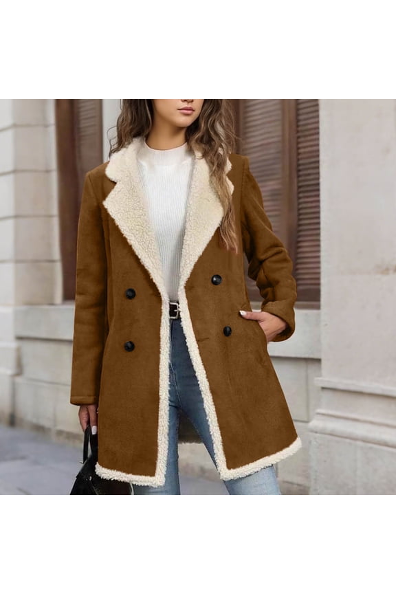 Fleece Lined Overcoat Women Faux Suede Long Jacket Notch Lapel Double Breasted Thicken Fleece Winter Warm Outwear Coats Brown S