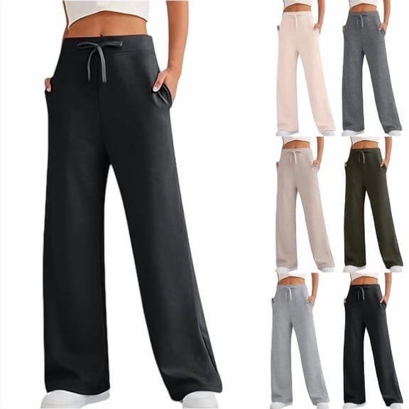 Fleece Lined Pants Women Wide Leg High Waisted Drawstring Baggy Sweatpants with Pockets Soft Cozy Slacks for Women
