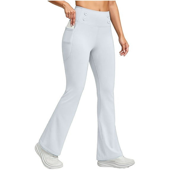 Fleece Lined Pants for Women High Waisted Flare Leggings Winter Thermal Bootcut Yoga Pants with Pockets White L