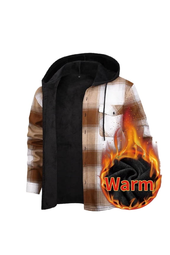 Fleece Lined Plaid Jacket Men Winter Down Jackets Coats Warm Sherpa Lining Flannel Hooded Coat Long Sleeve Hooded Plaid Sweatshirts Tops Shacket Warm Comfy Clothing with Pockets