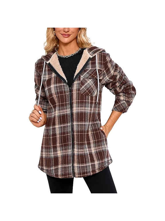 Fleece Lined Plaid Jackets for Women - Drawstring Zip-Up Hooded Sweatshirt - Travel Winter Warm Fleece Long Sleeve Flannel Hoodie Jackets with Pockets
