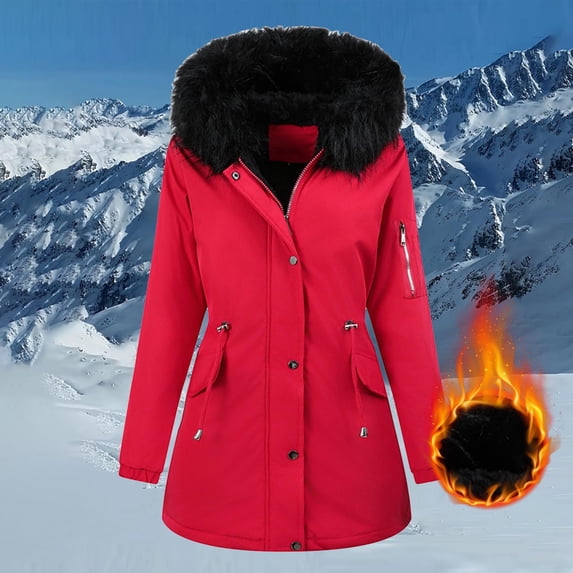 Fleece-Lined Puffer Coat for Women with Button Front and Hood Solid Color Long Sleeve Jacket Featuring a Drawstring Waist and Zip Closure