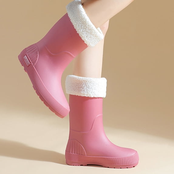 Fleece Lined Rain Boots for Women Waterproof Mid Calf Rain Boots Insulated Fall Winter Wellies