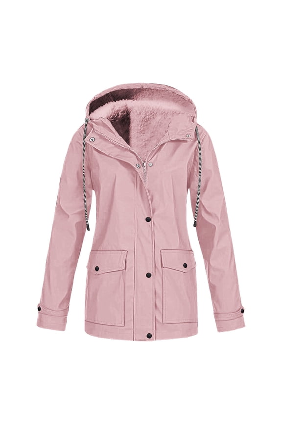 Fleece-Lined Rain Jacket, Waterproof Hiking Shell, Winter Outdoor Coat Pink L , Coat