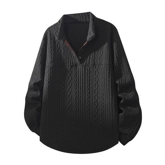 Fleece Lined Shirt for Men Long Sleeve Jacquard Quarter Button Lapel Solid Pullover Tee Black L