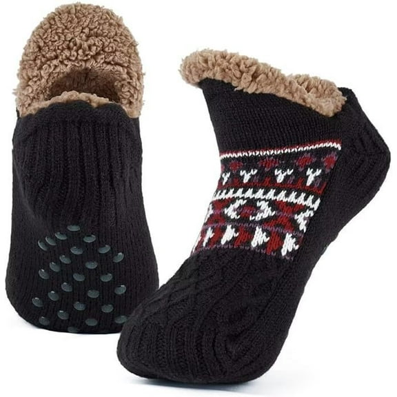 Fleece-Lined Slipper Socks for Women Men - Non-Slip Winter House Shoes, Cozy Cabin & Bed Socks
