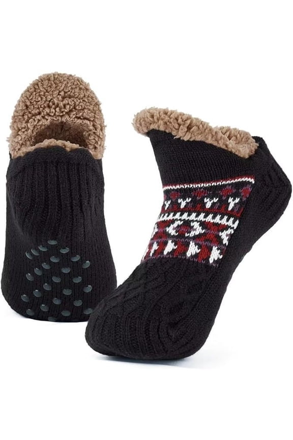 Fleece-Lined Slipper Socks for Women Men - Non-Slip Winter House Shoes, Cozy Cabin & Bed Socks