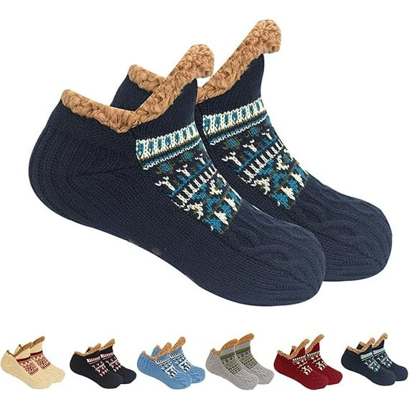 Fleece-Lined Slipper Socks for Women Men - Non-Slip Winter House Shoes, Cozy Cabin & Bed Socks