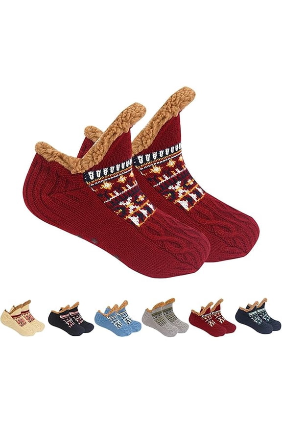 Fleece-Lined Slipper Socks for Women Men - Non-Slip Winter House Shoes, Cozy Cabin & Bed Socks