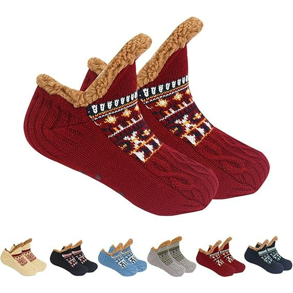 Fleece-Lined Slipper Socks for Women Men - Non-Slip Winter House Shoes, Cozy Cabin & Bed Socks