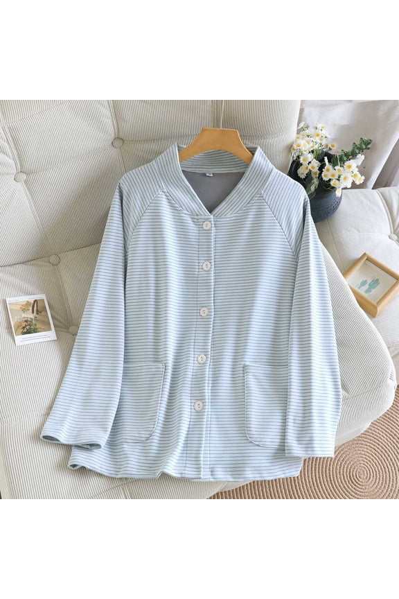 Fleece Lined Striped Pajama Tops for Women Button down Thermal Jacket Long Sleeve Warm Sleepwear with Pockets New Plus Size Sleepwear Light Blue XL