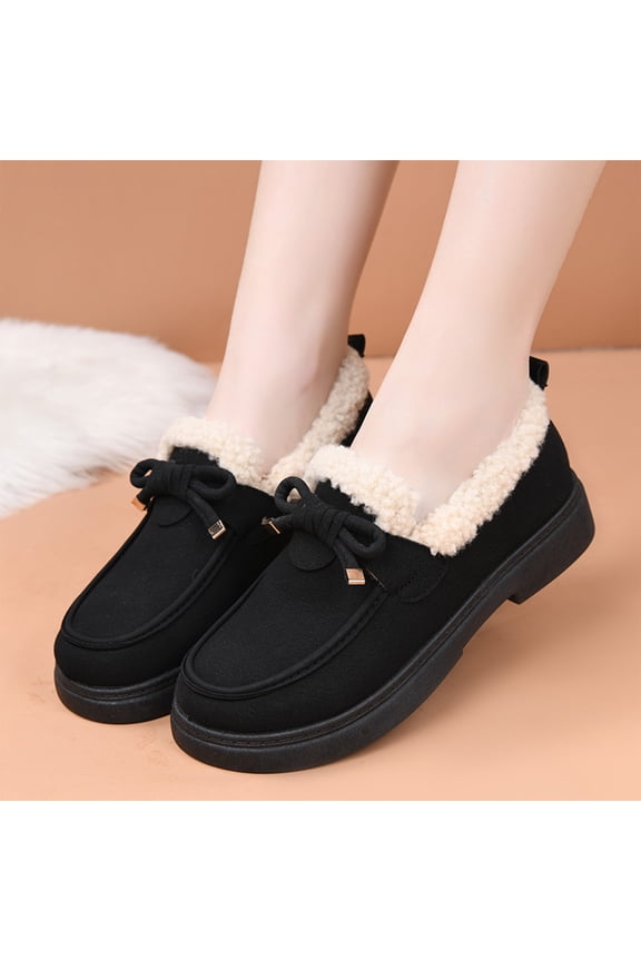 Fleece Lined Suede Moccasin Loafers Winter Casual Strolling, Fabric Bowknot House Shoes Family Living Room Wear, Comfortable Thermally Insulated Footwear Daily Outdoor Walking, Black 6