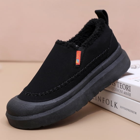 Fleece Lined Suede Moccasins, Fleece Lined Suede Slip On Moccasins Winter Casual Strolling, Exposed Fleece Rim House Shoes Family Living Room Wear, Comfortable Thermally Insulated Footwear, Black 5.5