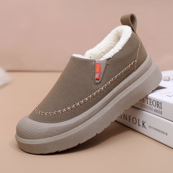 Fleece Lined Suede Slip On Moccasins Winter Casual Strolling, Exposed Fleece Rim House Shoes Family Living Room Wear, Comfortable Thermally Insulated Footwear, Khaki 8.5