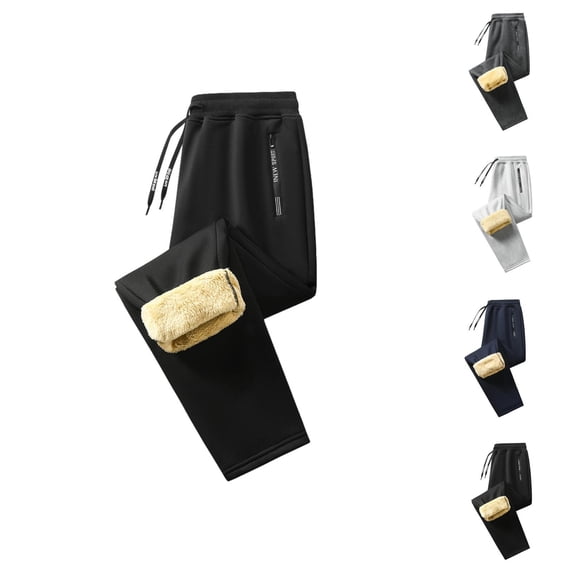 Lined Sweatpants for Men Winter Elastic Waist Drawstring Relaxed Fit Wide Leg Casual Thermal Pants with Pockets